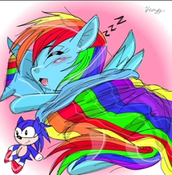 Size: 1080x1104 | Tagged: artist needed, safe, character:rainbow dash, character:sonic the hedgehog, species:pegasus, species:pony, blanket, blushing, cute, drool, eyes closed, female, mare, pillow, plushie, sleeping, solo, sonic the hedgehog (series), toy