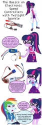 Size: 800x2390 | Tagged: artist needed, safe, edit, character:rainbow dash, character:twilight sparkle, character:twilight sparkle (scitwi), species:eqg human, my little pony:equestria girls, caption, clothing, comic strip, dialogue, educational, electronics, lab coat, mixed media, simple background, speech bubble, text, vector, vector edit, white background