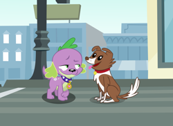 Size: 1024x746 | Tagged: safe, edit, edited screencap, screencap, character:spike, character:winona, species:dog, my little pony:equestria girls, collar, duo, female, male, shipping, smug, spike the dog, spiked collar, spinona, straight, tongue out