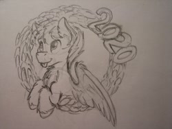 Size: 1280x960 | Tagged: artist needed, safe, oc, oc:hellfire, species:pegasus, species:pony, 2020, fur, happy new year, happy new year 2020, holiday, male, monochrome, pencil drawing, traditional art, wings