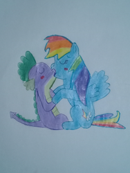 Size: 2448x3264 | Tagged: artist needed, safe, character:rainbow dash, character:spike, ship:rainbowspike, female, kissing, male, shipping, straight, traditional art