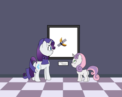 Size: 900x720 | Tagged: artist needed, safe, character:rarity, character:sweetie belle, species:pony, species:unicorn, art, art or a mistake, banana, butt, duct tape, female, filly, food, mare, meme, plot, tape, tiled floor