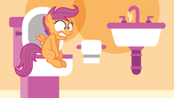 Size: 1280x720 | Tagged: artist needed, source needed, useless source url, safe, alternate version, artist:natasha106, character:scootaloo, species:pegasus, species:pony, 1000 years in photoshop, bladder, but why, implied pissing, need to pee, potty time, sink, toilet, toilet paper roll
