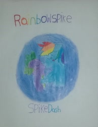 Size: 2232x2873 | Tagged: artist needed, safe, character:rainbow dash, character:spike, ship:rainbowspike, female, hug, kissing, male, shipping, straight, traditional art