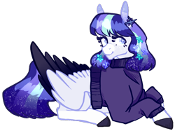 Size: 774x580 | Tagged: artist needed, safe, oc, oc only, oc:celeste, species:pegasus, species:pony, clothing, female, looking at you, mare, prone, simple background, sweater, transparent background