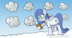 Size: 1400x746 | Tagged: artist needed, safe, oc, oc only, oc:raincloud drops, species:pegasus, species:pony, blue coat, blue mane, blue tail, clipboard, cloud, green eyes, pencil, sky, solo, standing on a cloud