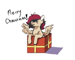 Size: 1000x800 | Tagged: artist needed, safe, oc, oc only, oc:porsche speedwings, species:pegasus, species:pony, blue eyes, box, christmas, colored sketch, gift box, heart, holiday, looking up, male, merry christmas, message, open mouth, pegasus oc, pony in a box, present, shadow, simple background, smiling, solo, spread wings, stallion, tan coat, text, white background, wings, ych result