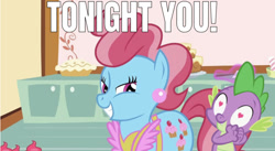 Size: 1225x672 | Tagged: safe, edit, edited screencap, editor:undeadponysoldier, screencap, character:cup cake, character:spike, species:dragon, species:earth pony, species:pony, episode:lesson zero, g4, my little pony: friendship is magic, bedroom eyes, caption, female, heart eyes, image macro, in love, infidelity, male, mare, meme, shipping, smiling, spatula, spikecake, straight, text, tonight you, wingding eyes