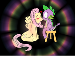 Size: 1280x932 | Tagged: artist needed, safe, character:fluttershy, character:spike, ship:flutterspike, blushing, kissing, palindrome get, shipping, stool