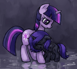 Size: 410x368 | Tagged: artist needed, safe, character:twilight sparkle, character:twilight sparkle (unicorn), oc, oc:nyx, species:alicorn, species:pony, species:unicorn, alicorn oc, crying, hug, puddle, rain, reflection, shaking, tears of pain, trembling