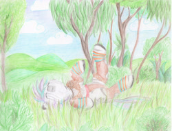 Size: 3833x2928 | Tagged: artist needed, safe, oc, oc only, oc:unise, species:zebra, grass, loincloth, scenery, solo, tree