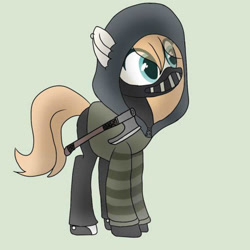 Size: 1020x1020 | Tagged: artist needed, safe, oc, oc only, oc:star north, species:earth pony, species:pony, axe, clothing, cosplay, costume, creepypasta, female, full body, mare, piercing, simple background, solo, ticci toby cosplay, ticci-toby, viking axe, weapon