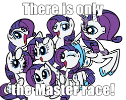 Size: 880x700 | Tagged: artist needed, safe, character:rarity, species:alicorn, species:earth pony, species:pegasus, species:pony, species:unicorn, doctor who, female, glorious master race, mane six opening poses, mare, peytral, race swap, the master