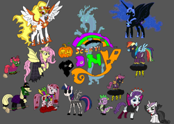 Size: 3550x2528 | Tagged: artist needed, safe, character:apple bloom, character:applejack, character:daybreaker, character:discord, character:fluttershy, character:nightmare moon, character:pinkie pie, character:princess celestia, character:princess luna, character:rainbow dash, character:rarity, character:scootaloo, character:spike, character:sweetie belle, character:twilight sparkle, character:twilight sparkle (alicorn), species:alicorn, species:draconequus, species:earth pony, species:pegasus, species:pony, species:unicorn, black and white, blood, bone, clothing, colorized, costume, costumed ponies, creepypasta, cutie mark crusaders, flutterbat costume, frankenstine, ghost, ghost discord, grayscale, halloween, holiday, horror, mane six, nightmare night, parody, pinkemina, pinkemina cupcakes character, pinkemina diane pie, pumpkin, scary, shadow bolt, shadow bolt costume, skeleton, skull, sweetie belle vampire costume, themed, vampire, vampire costume, witch, witch costume