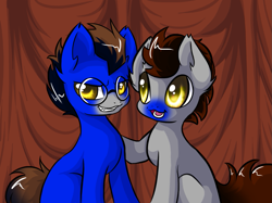 Size: 1143x857 | Tagged: artist needed, safe, artist:sapphfyr, oc, oc only, oc:ennex, oc:random action, species:earth pony, species:pony, brothers, duo, glasses, male, siblings, stallion, twins