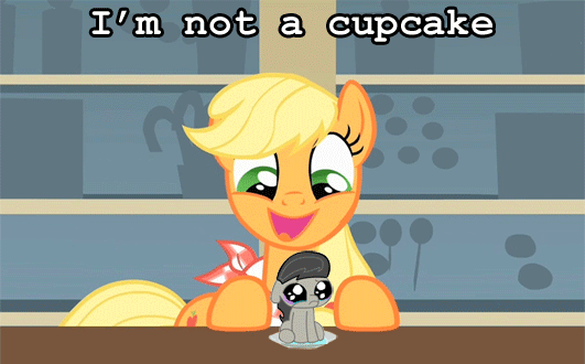 Size: 531x330 | Tagged: artist needed, safe, artist:keanno, edit, edited screencap, screencap, character:applejack, character:octavia melody, species:earth pony, species:pony, episode:a bird in the hoof, g4, my little pony: friendship is magic, animated, artifact, cannibalism, crying, cupcake, eat, eat octavia, emotional warfare, female, filly, foal, food, happy, mare, sad