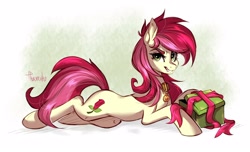 Size: 2560x1552 | Tagged: artist needed, safe, character:roseluck, species:earth pony, species:pony, angry, christmas gift, collar, fangs, female, looking at you, lying down, mare, pet collar, pet tag, pony pet, prone, rosepet