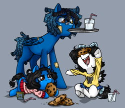 Size: 900x780 | Tagged: artist needed, safe, oc, oc:horror vacui, ponysona, species:pegasus, species:pony, colt, cookie, drink, female, filly, food, happy, male, tray