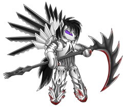 Size: 800x689 | Tagged: artist needed, safe, oc, oc only, oc:horror vacui, ponysona, species:pegasus, species:pony, robot, robot pony, scythe, simple background, solo, transparent background