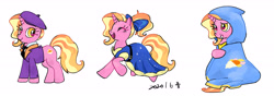 Size: 6217x2177 | Tagged: artist needed, safe, artist:tingyo, gameloft, character:luster dawn, species:pony, species:unicorn, episode:the last problem, g4, my little pony: friendship is magic, beret, blanket, bow, cloak, clothing, cosplay, costume, cute, dress, eyes closed, female, hair bow, hat, high res, lusterbetes, mare, multeity, necktie, open mouth, pixiv, ribbon, simple background, smiling, solo, suit, triality, white background