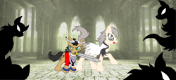 Size: 1600x727 | Tagged: artist needed, safe, species:earth pony, species:pony, ico, mouth hold, ponified, shadow pony, silhouette, sword, video game, weapon, yorda
