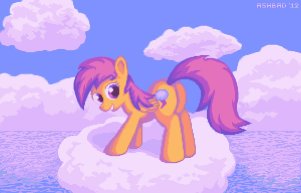 Size: 600x384 | Tagged: artist needed, safe, character:scootaloo, species:pegasus, species:pony, cloud, female, filly, looking back, pixel art, smiling, solo, water