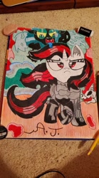 Size: 800x1440 | Tagged: artist needed, safe, oc, oc:blackjack, species:changeling, species:pony, species:unicorn, fallout equestria, fallout equestria: project horizons, changeling queen, female, frown, irl, mare, photo, raised hoof, text, traditional art
