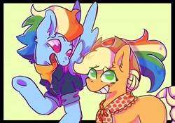 Size: 640x449 | Tagged: artist needed, safe, character:applejack, character:rainbow dash, species:earth pony, species:pegasus, species:pony, ship:appledash, episode:the last problem, g4, my little pony: friendship is magic, cute, duo, female, flying, granny smith's scarf, happy, lesbian, mowhawk, older, older applejack, older rainbow dash, shipping, simple background, smiling, talking