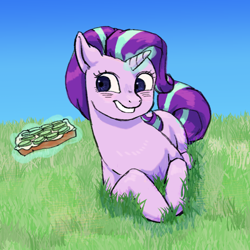 Size: 1118x1119 | Tagged: artist needed, safe, artist:anonymous, character:starlight glimmer, species:pony, species:unicorn, bread, cucumber, cucumber sandwiches, female, food, glowing horn, grass, grin, horn, lying down, mare, prone, sandwich, smiling, solo