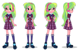 Size: 1400x946 | Tagged: artist needed, safe, character:lemon zest, equestria girls:friendship games, g4, my little pony:equestria girls, bow tie, clothing, crystal prep academy uniform, female, hand on hip, hands on hip, headphones, high heels, looking at you, pleated skirt, poses, school uniform, shoes, side view, simple background, skirt, smiling, socks, transparent background, turnaround, vector