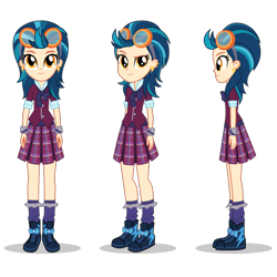 Size: 1400x1400 | Tagged: artist needed, safe, character:indigo zap, equestria girls:friendship games, g4, my little pony:equestria girls, clothing, crystal prep academy uniform, female, goggles, looking at you, poses, raised eyebrow, school uniform, shoes, side view, simple background, smiling, sneakers, transparent background, turnaround, vector
