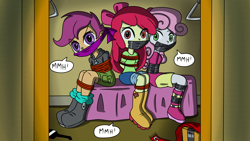 Size: 3000x1687 | Tagged: artist needed, safe, character:apple bloom, character:scootaloo, character:sweetie belle, species:pegasus, species:pony, my little pony:equestria girls, arm behind back, bed, bondage, boots, bound and gagged, bound together, bow, clothing, cutie mark crusaders, female, gag, hoodie, jeans, looking at you, muffled words, pants, shoes, shorts, skirt, tape, tape gag, tied up