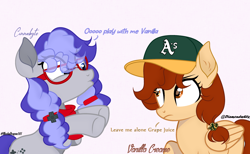 Size: 2840x1752 | Tagged: artist needed, safe, oc, oc only, oc:cinnabyte, oc:vanilla creame, species:earth pony, species:pegasus, species:pony, adorkable, baseball cap, cap, clothing, cute, dork, duo, female, friends, hat, mare, simple background, smiling, white background