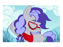 Size: 1863x1416 | Tagged: artist needed, safe, oc, oc only, oc:cinnabyte, species:earth pony, species:pony, adorkable, bandana, cute, dork, eyes closed, female, glasses, hairwhip, mare, smiling, solo