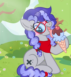 Size: 1482x1594 | Tagged: artist needed, safe, oc, oc only, oc:cinnabyte, species:earth pony, species:pony, adorkable, bandana, cute, dork, female, food, forest, glasses, ice cream, mare, smiling, solo