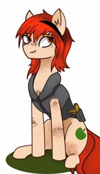 Size: 1297x2242 | Tagged: artist needed, safe, oc, oc:honeybell, species:earth pony, species:pony, brown eyes, earth pony oc, female, freckles, mare, police pony, police uniform, redhead, solo, taser, weapon