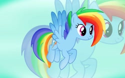 Size: 1952x1220 | Tagged: artist needed, source needed, safe, character:rainbow dash, species:pegasus, species:pony, g5 leak, leak, cute, female, flying, mare, rainbow dash (g5), redesign, sky, smiling, solo, wings, zoom layer