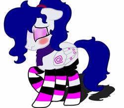 Size: 811x706 | Tagged: artist needed, safe, oc, oc only, oc:yanel love, species:pegasus, species:pony, blushing, clothing, eyes closed, female, full body, mare, scarf, shy, simple background, socks, solo, striped socks, tied hair, white background