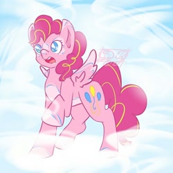 Size: 800x800 | Tagged: artist needed, source needed, safe, character:pinkie pie, species:pegasus, species:pony, g5 leak, cloud, female, mare, on a cloud, pegasus pinkie pie, pinkie pie (g5), race swap, redesign, sky, solo