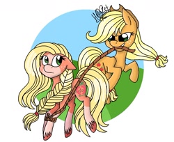 Size: 1080x883 | Tagged: artist needed, source needed, safe, character:applejack, species:earth pony, species:pony, g4, g5 leak, applejack (g5), braid, duo, female, g4 to g5, generational ponidox, mare, redesign, rope