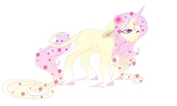 Size: 800x480 | Tagged: artist needed, source needed, safe, character:fluttershy, species:classical unicorn, species:pony, species:unicorn, g5 leak, leak, cloven hooves, female, flower, flower in hair, fluttershy (g5), gradient hair, leonine tail, mare, one eye closed, redesign, simple background, solo, unicorn fluttershy, unshorn fetlocks, white background
