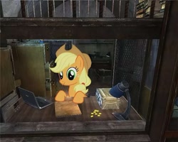 Size: 901x719 | Tagged: artist needed, safe, derpibooru original, edit, character:applejack, species:pony, applestare, bits, crossover, female, merchant, ponies in video games, s.t.a.l.k.e.r., sidorovich, solo