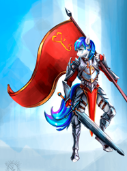 Size: 700x940 | Tagged: artist needed, safe, oc, oc:hooklined, species:anthro, species:earth pony, species:pony, armor, face tattoo, female, flag, gauntlet, knight, longsword