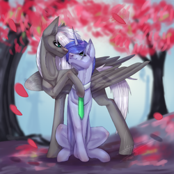 Size: 5000x5000 | Tagged: artist needed, source needed, safe, oc, oc only, oc:enuil horman, oc:lane forts, species:pegasus, species:pony, species:unicorn, cherry blossoms, eye contact, flower, flower blossom, gay, leaves, looking at each other, male, necktie, tree