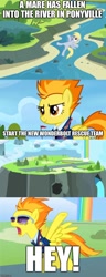 Size: 500x1306 | Tagged: safe, artist:j-j-bases, edit, edited screencap, screencap, character:derpy hooves, character:spitfire, species:pegasus, species:pony, episode:wonderbolts academy, a man has fallen into the river in lego city, caption, comic, derpy being derpy, image macro, lego, lego city, meme, river, screencap comic, text, vector, vector edit