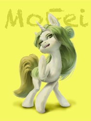 Size: 3000x4000 | Tagged: artist needed, safe, oc, oc only, species:pony, species:unicorn, high res, one hoof raised, simple background, solo, yellow background