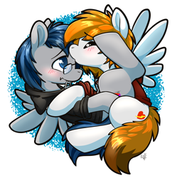 Size: 2466x2477 | Tagged: artist needed, safe, oc, oc:nexxus, oc:spoftray, species:pegasus, species:pony, abstract background, blushing, cutie mark, kiss on the head, looking at each other, smiling