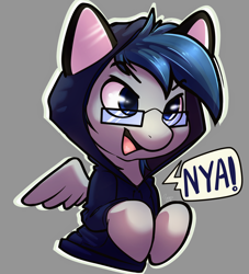 Size: 1536x1694 | Tagged: artist needed, safe, oc, oc:nexxus, species:pegasus, species:pony, cat ears, clothing, gray background, happy, hoodie, nya, simple background