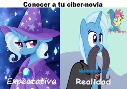 Size: 960x672 | Tagged: artist needed, safe, edit, edited screencap, screencap, character:trixie, episode:magic duel, g4, my little pony: friendship is magic, alicorn amulet, comparison, expectation vs reality, facial hair, moustache, spanish