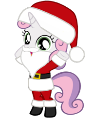 Size: 782x1024 | Tagged: artist needed, safe, character:sweetie belle, species:pony, species:unicorn, belt, bipedal, boots, christmas, clothing, costume, cute, diasweetes, fake beard, female, filly, hat, holiday, horn, looking at you, open mouth, santa beard, santa claus, santa costume, santa hat, shoes, simple background, solo, standing, transparent background, vector